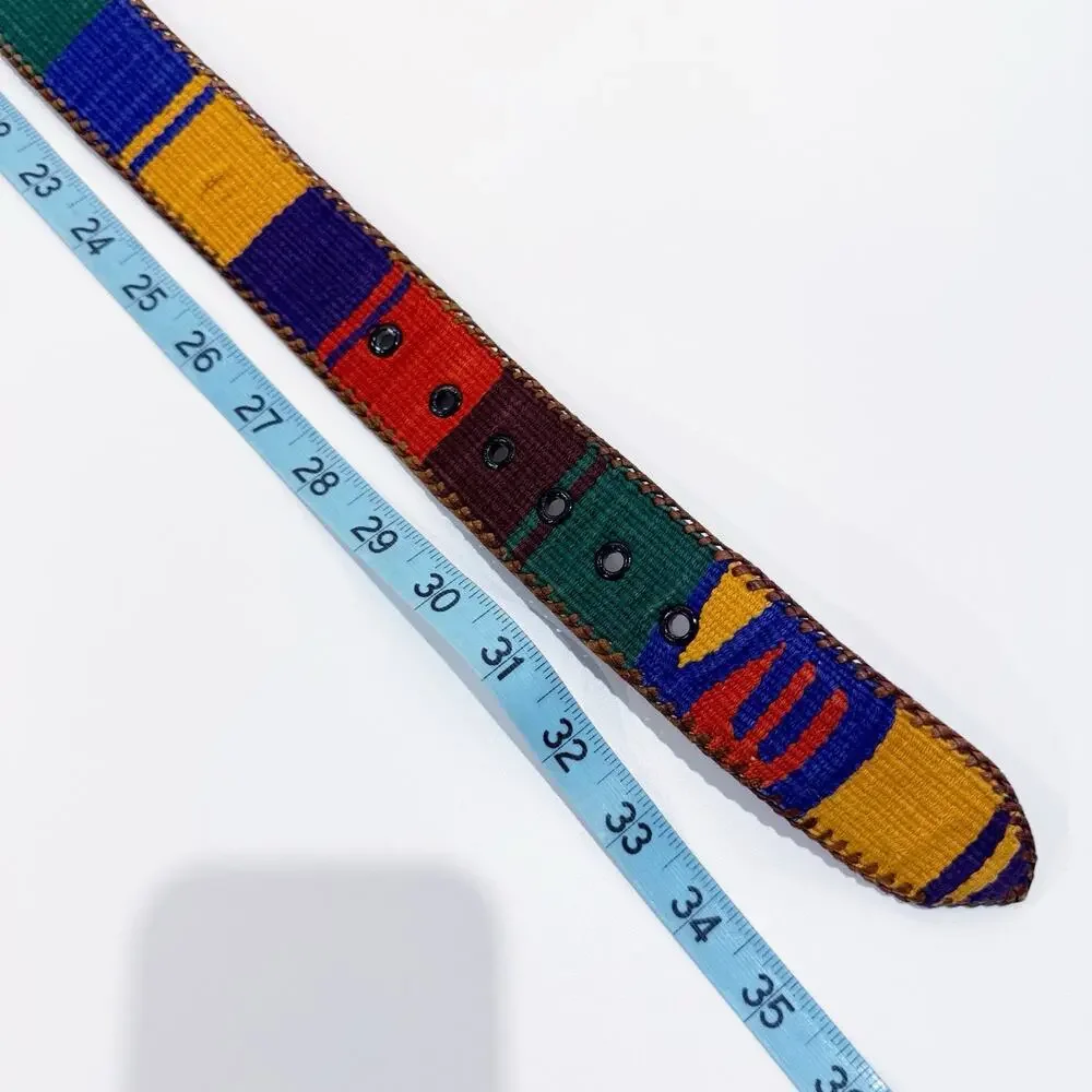 90s Vintage Woven Southwest Belt Aztec Mexican Festival Boho Hippie Leather N